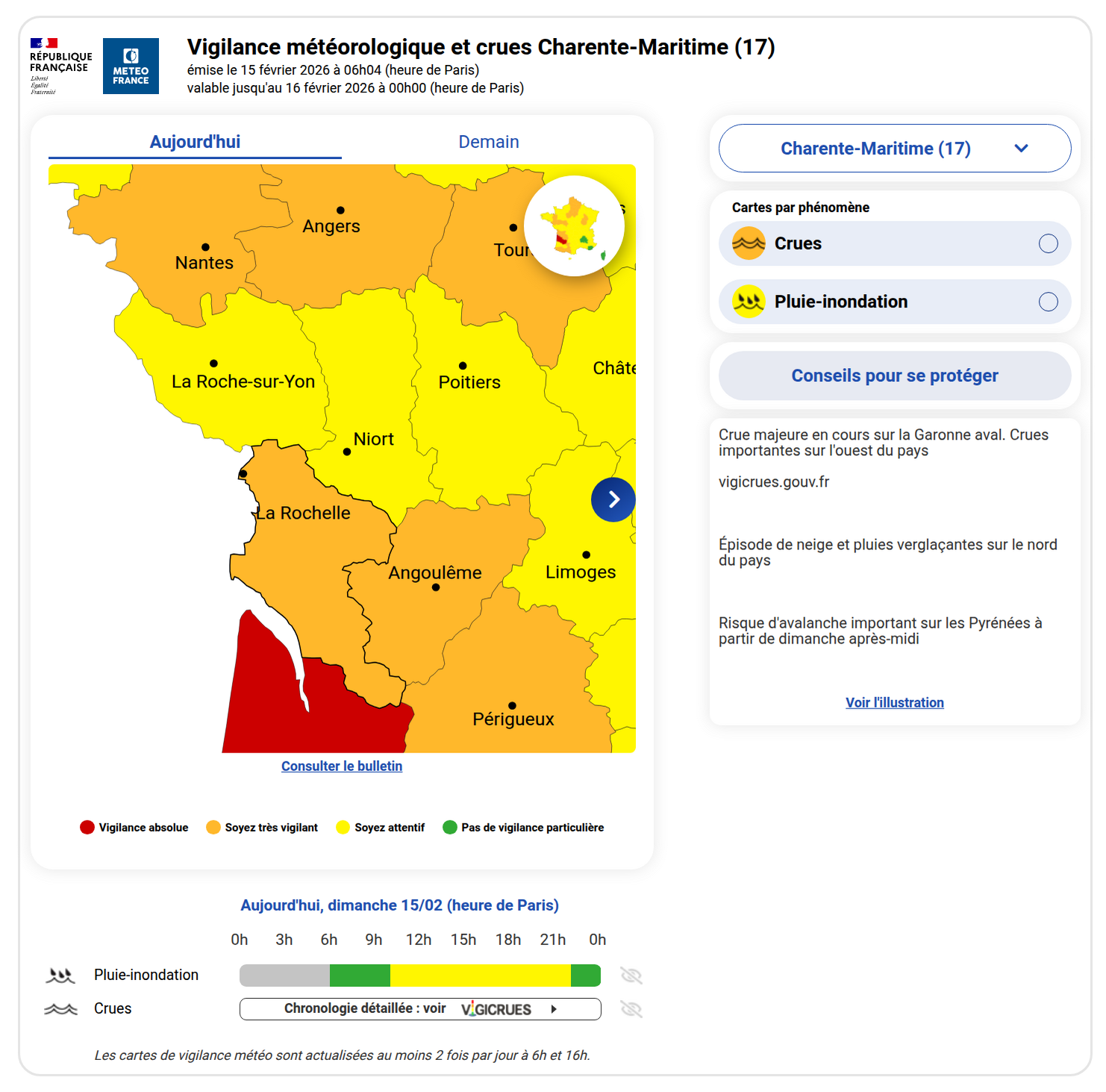 Vigilance météo du 15 février 2026