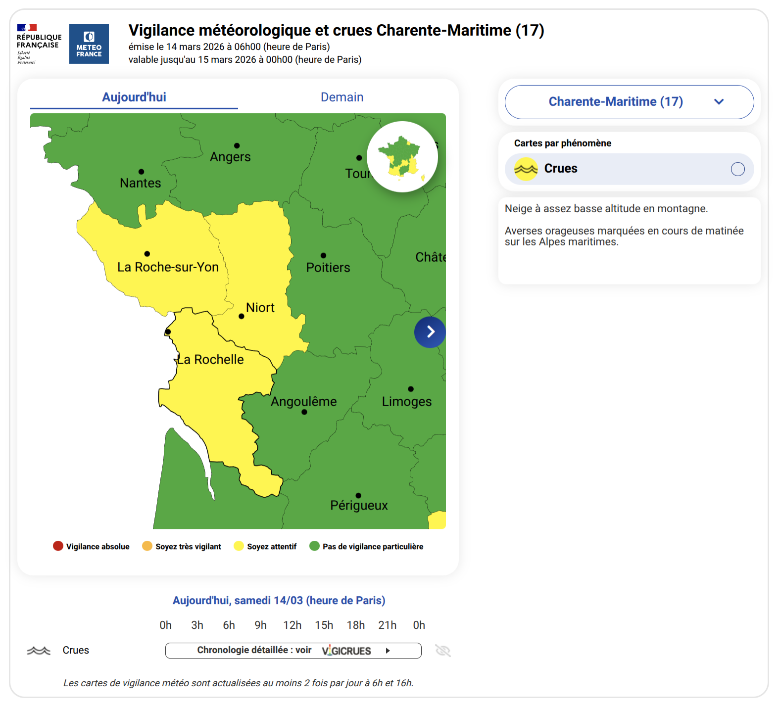 Vigilance météo du 14 mars 2026